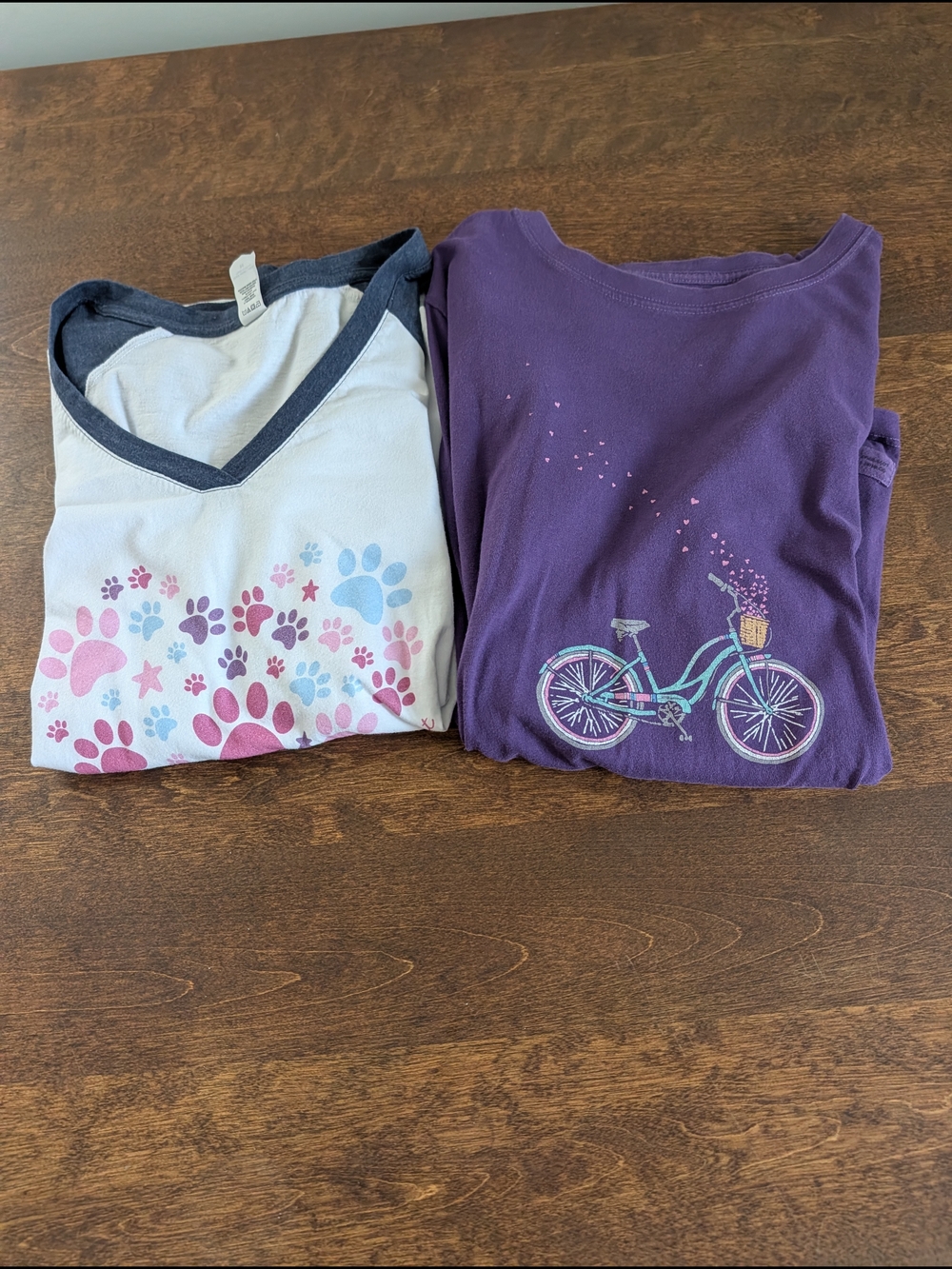 2 Long Sleeve Women's Tees. Life Is Good Bicycle And Paw Prints On My Heart
